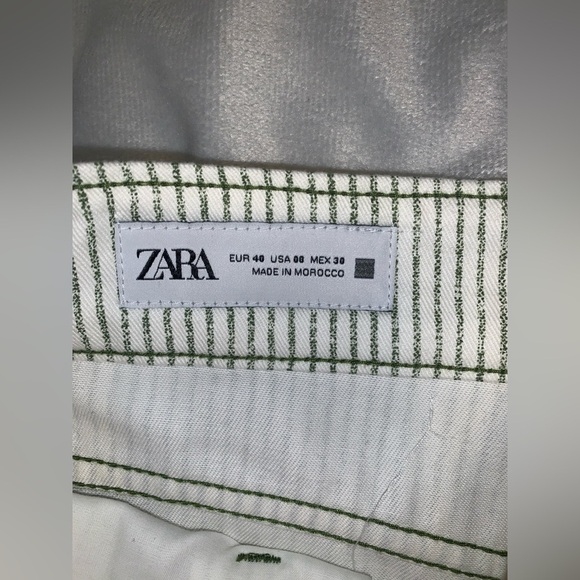Zara cream and green Pin Striped Wide-Leg high rise 100% cotton jeans Pants 8 - Picture 7 of 10